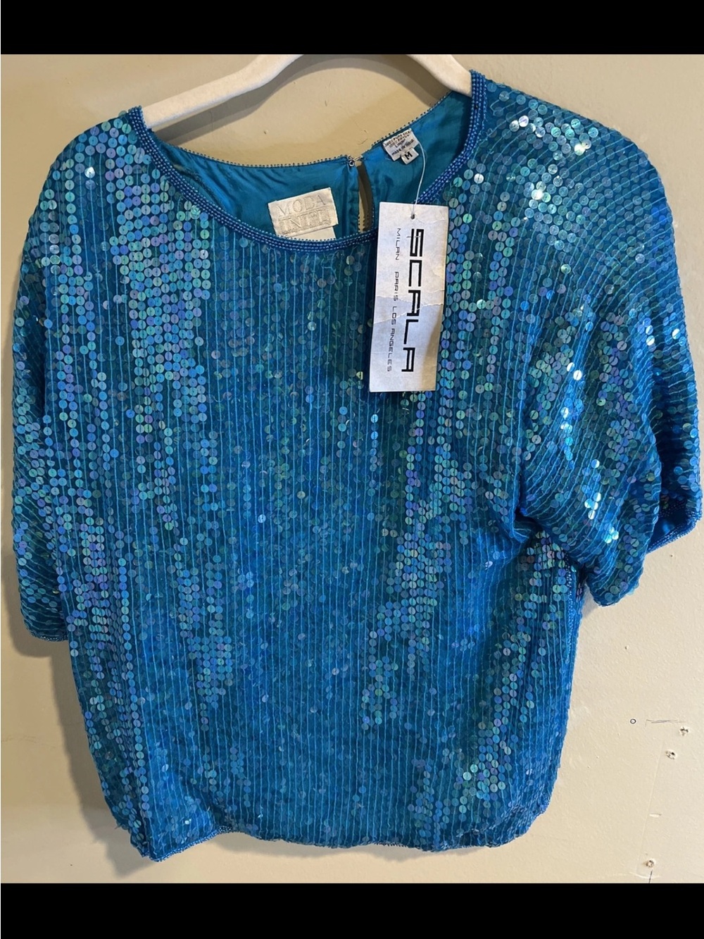 Moda Intl 100% Silk Women's Turquoise Sequin Short Sleeve Top